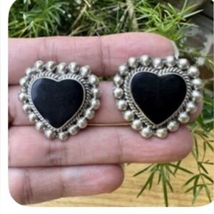 Taxco sterling silver heart-shaped onyx earrings